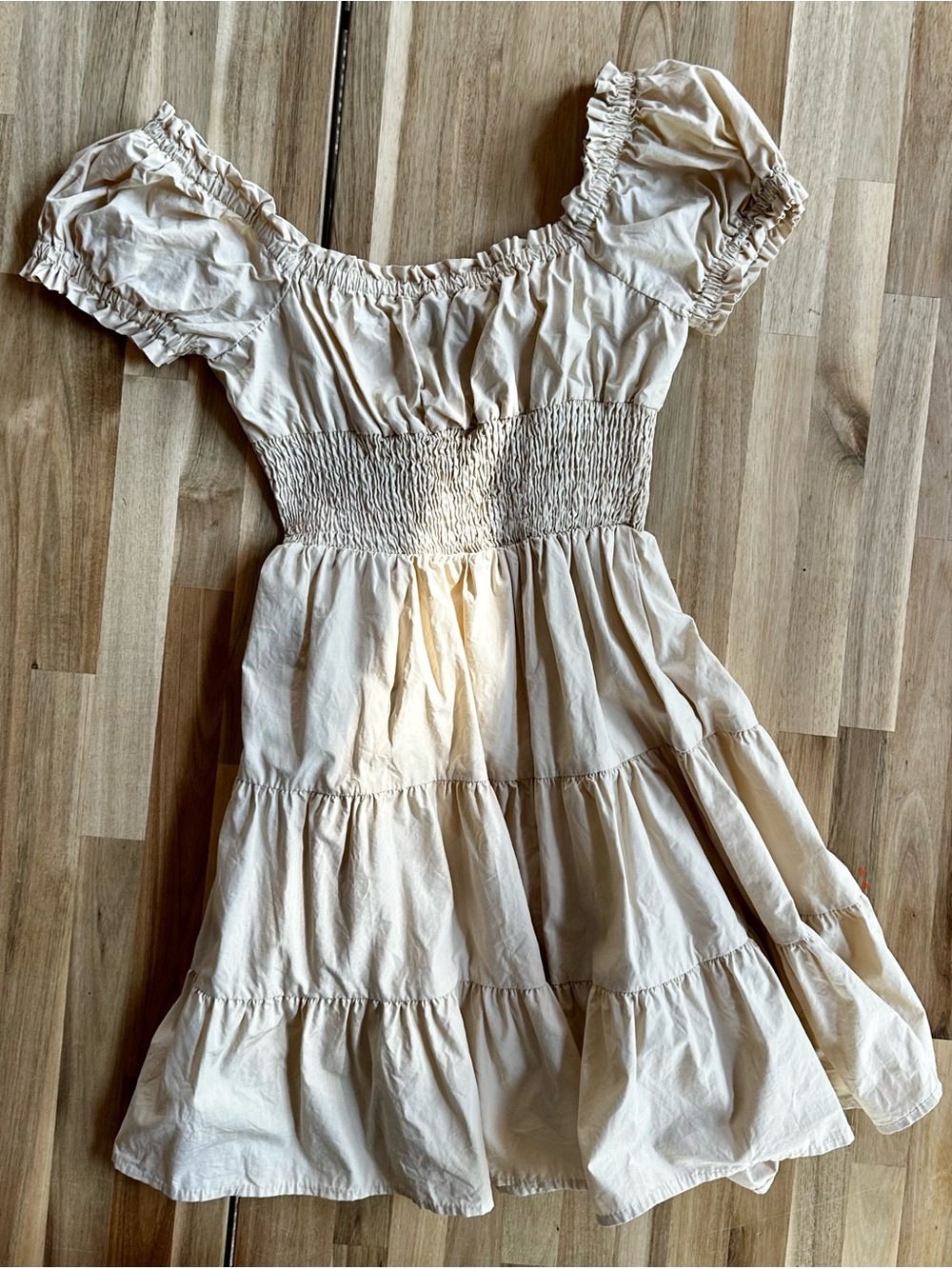 Princess Polly Cream Smocked Tiered Puff-Sleeve Dress